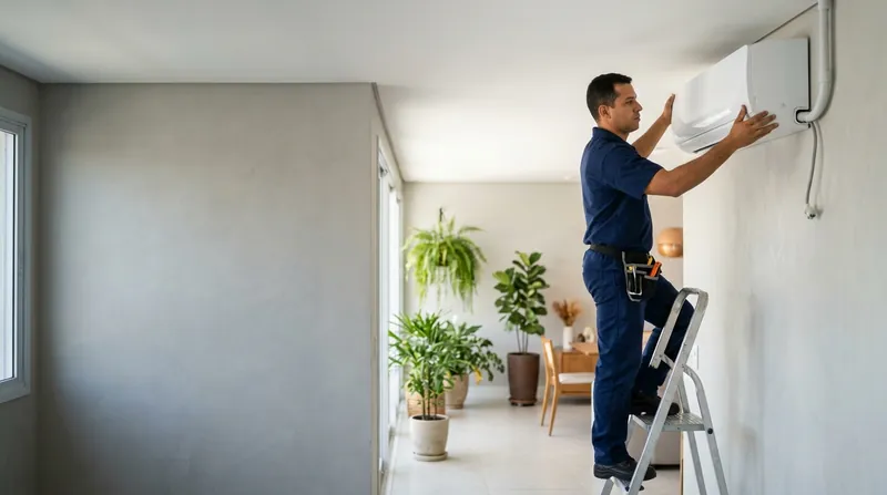 Técnico de uniforme azul instalando um ar-condicionado split junto ao teto