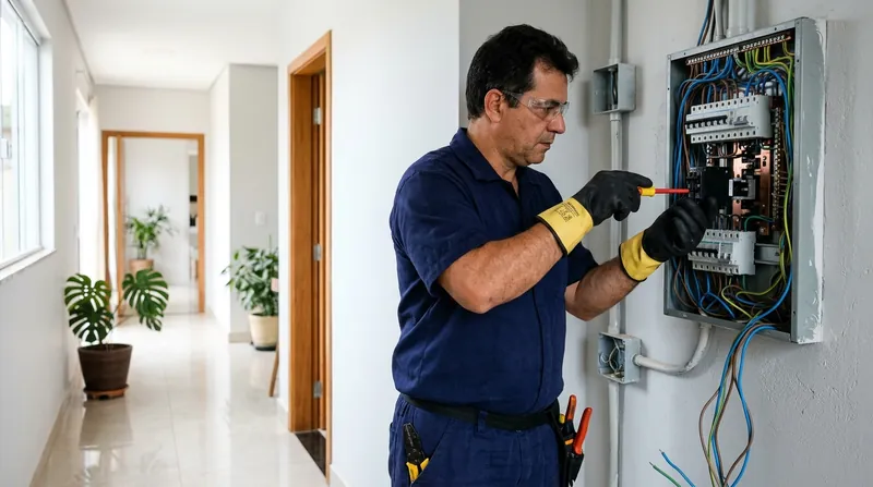 Eletricista com luvas isolantes trocando um disjuntor no quadro de luz